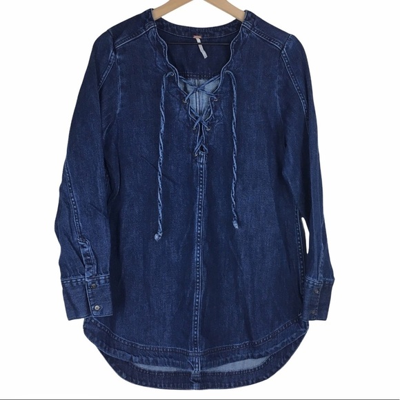 FREE PEOPLE Denim Tunic Top Jean Dress Neapolitan Dreams Lace Up Long Sleeve S - Picture 13 of 13
